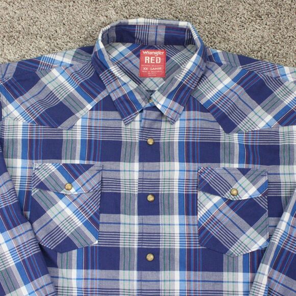 Wrangler Red Plaid Shirt Mens XXL Blue Long Sleeve Western Snap Front - Picture 2 of 6